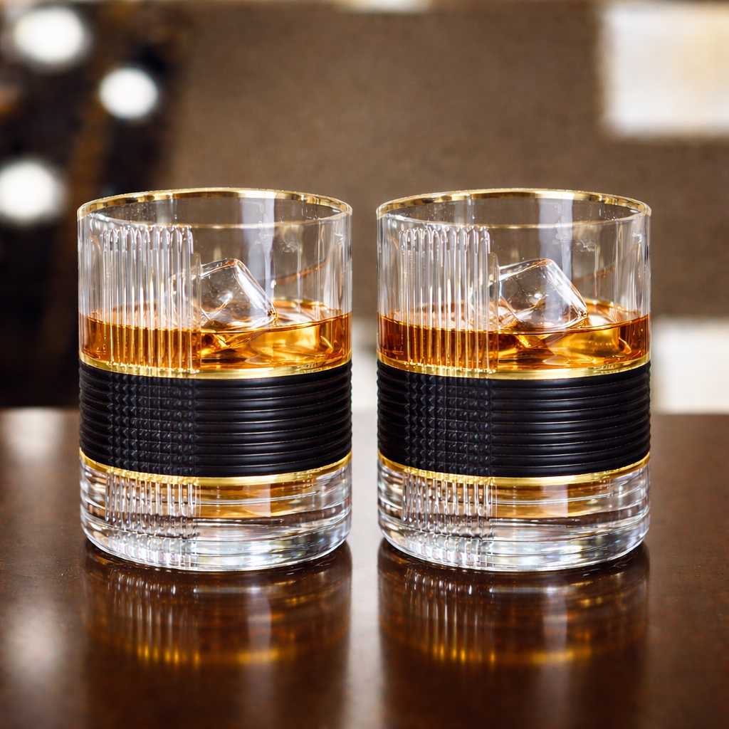 Luxury Noir & Gold Ribbed Whiskey Glasses – Set of 2 – Elegant Art Deco Barware