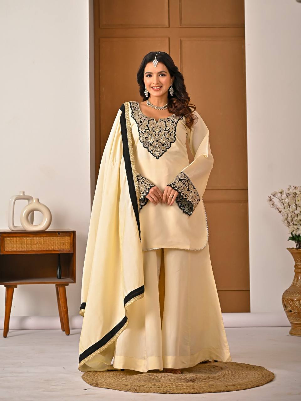 Regal Ivory Ethnic Set with Black & Gold Embroidery
