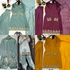 Elegant Pastel Blue Silk Suit with Golden Floral Embroidery Trim