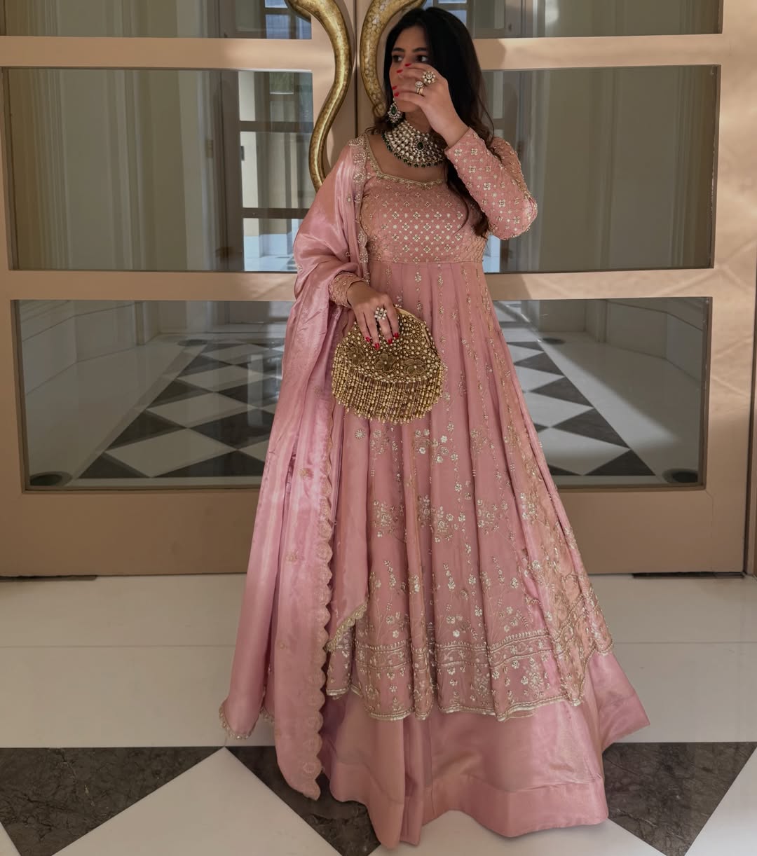 Rose Pink Hand Embroidered Kurta Sharara Set with Dupatta