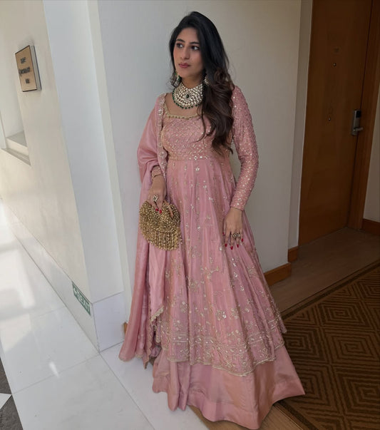 Rose Pink Hand Embroidered Kurta Sharara Set with Dupatta