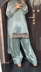 Elegant Pastel Blue Silk Suit with Golden Floral Embroidery Trim