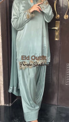Elegant Pastel Blue Silk Suit with Golden Floral Embroidery Trim