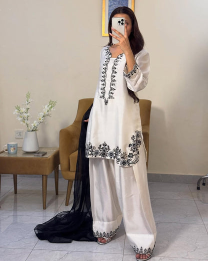 Classic White & Black Embroidered Suit