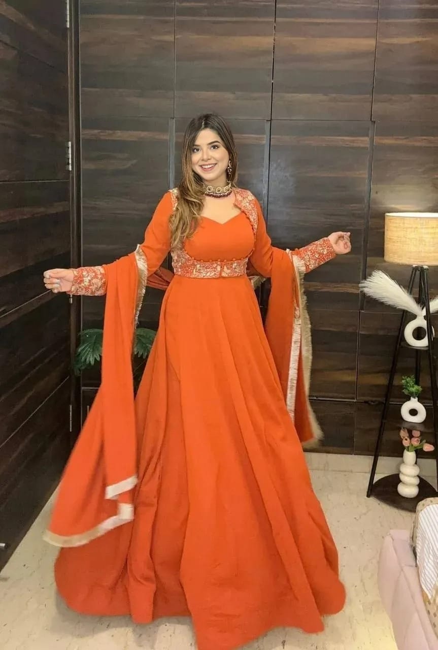Graceful Rust Anarkali Set with Heavy Embroidery Detailing