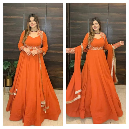 Graceful Rust Anarkali Set with Heavy Embroidery Detailing