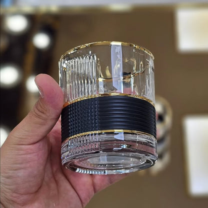 Luxury Noir & Gold Ribbed Whiskey Glasses – Set of 2 – Elegant Art Deco Barware