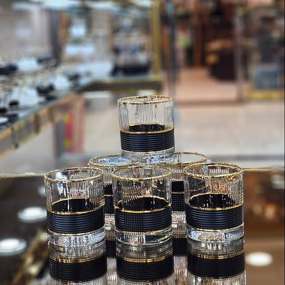 Luxury Noir & Gold Ribbed Whiskey Glasses – Set of 2 – Elegant Art Deco Barware