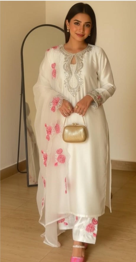 Luxury Ivory Ethnic Suit with Rose Embroidery.