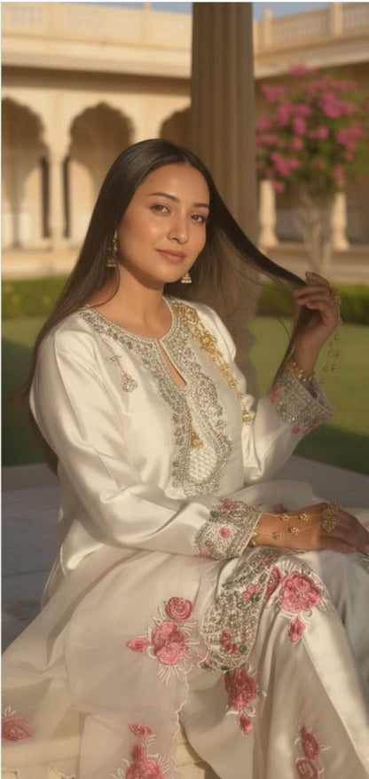 Luxury Ivory Ethnic Suit with Rose Embroidery.