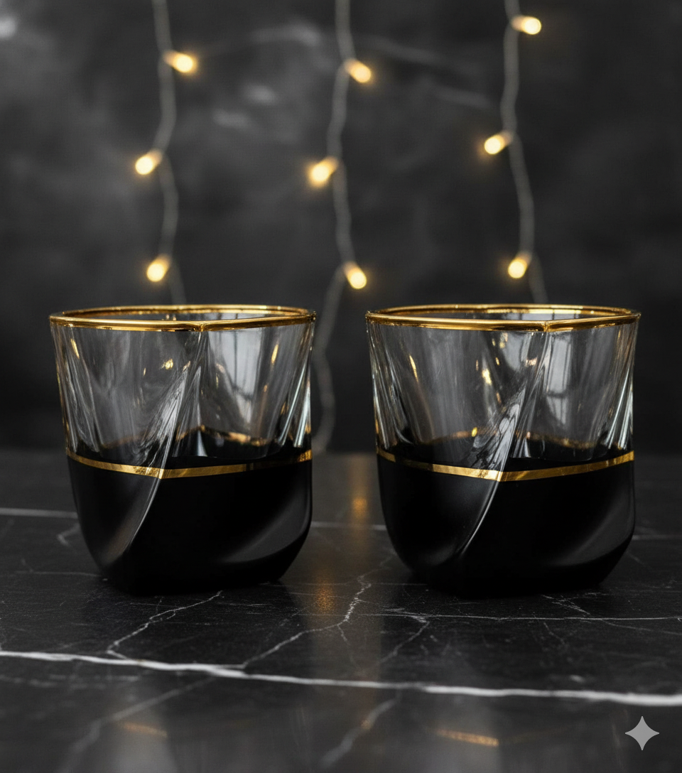 Sophisticated Hand-Blown Twisted Whiskey Glasses – The Midnight & Gold Collection - Set of 2
