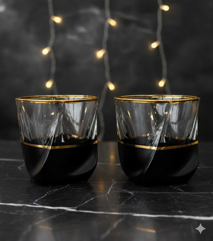 Sophisticated Hand-Blown Twisted Whiskey Glasses – The Midnight & Gold Collection - Set of 2