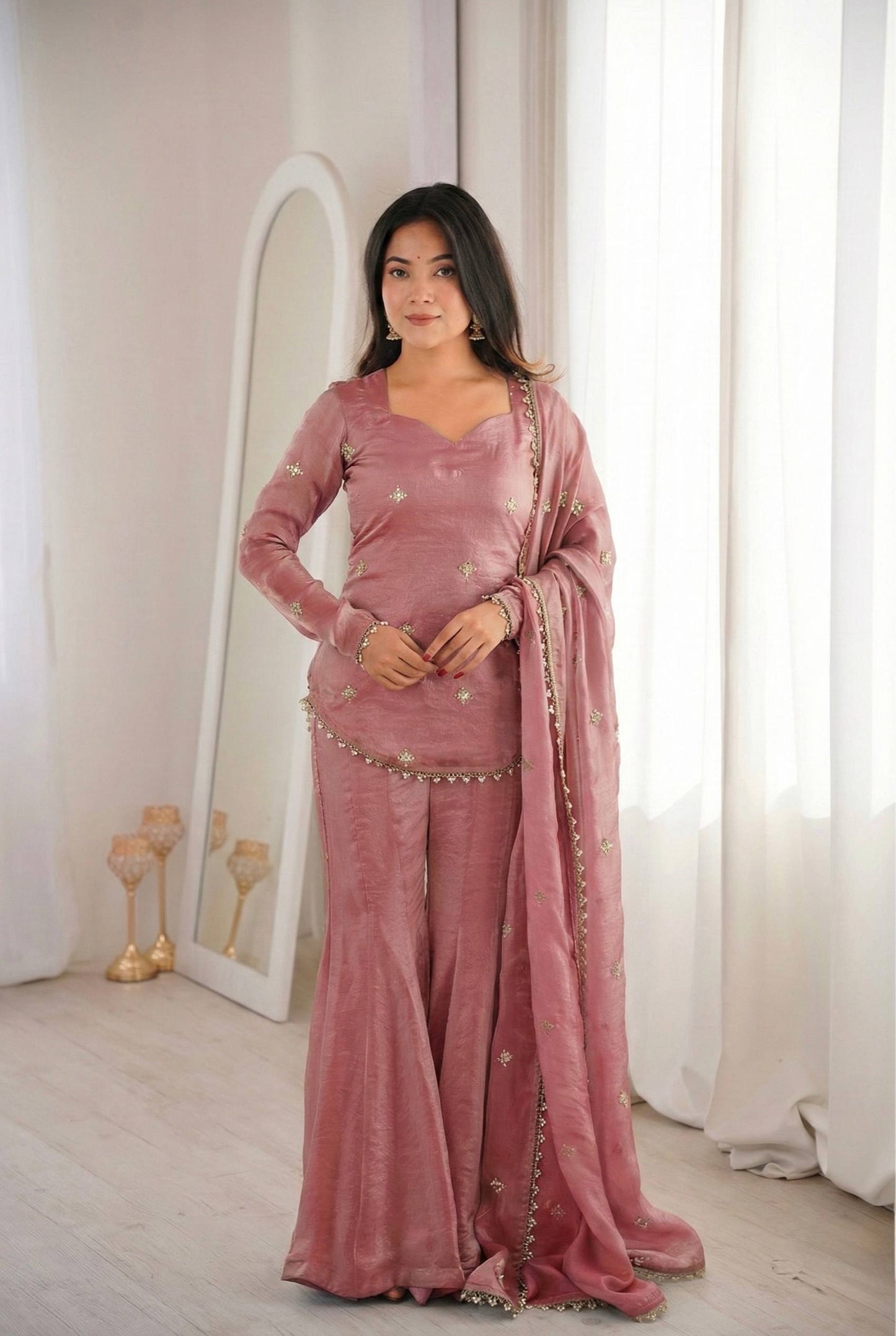 Soft Rose Gold Embellished Sharara Suit with Matching Dupatta