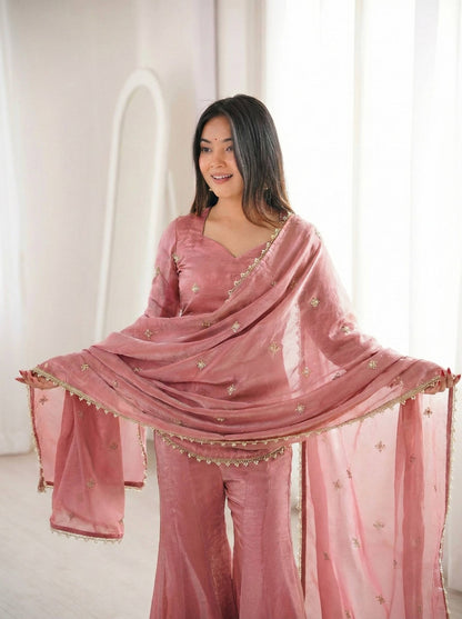 Soft Rose Gold Embellished Sharara Suit with Matching Dupatta