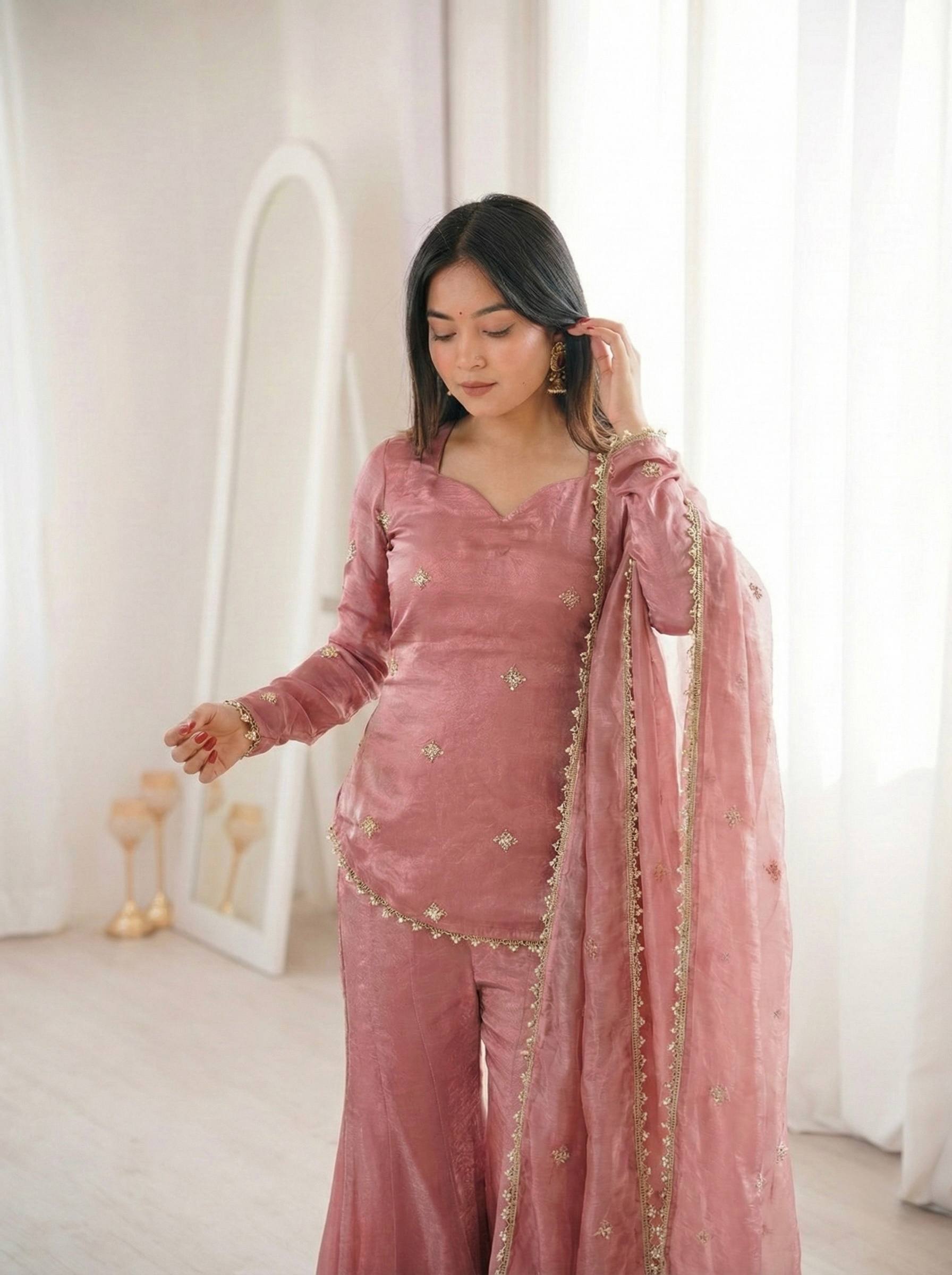 Soft Rose Gold Embellished Sharara Suit with Matching Dupatta