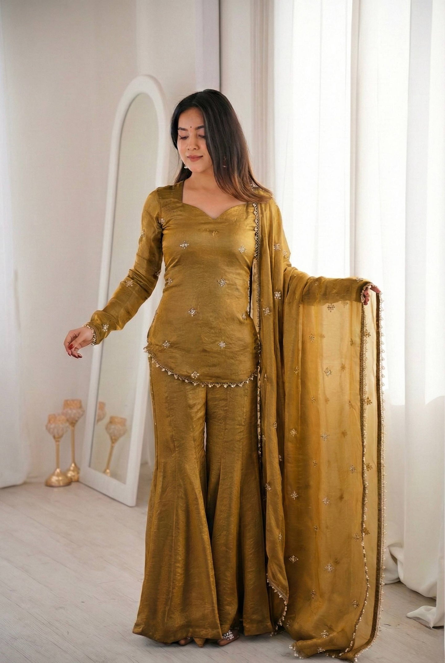 Soft Rose Gold Embellished Sharara Suit with Matching Dupatta