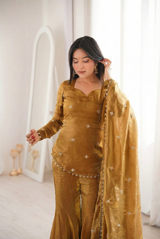 Soft Rose Gold Embellished Sharara Suit with Matching Dupatta