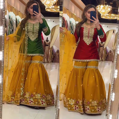 Royal Mehendi Special Green & Mustard Sharara Set