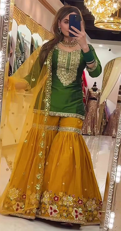 Royal Mehendi Special Green & Mustard Sharara Set