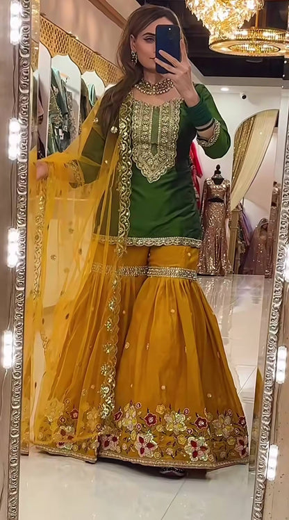 Royal Mehendi Special Green & Mustard Sharara Set