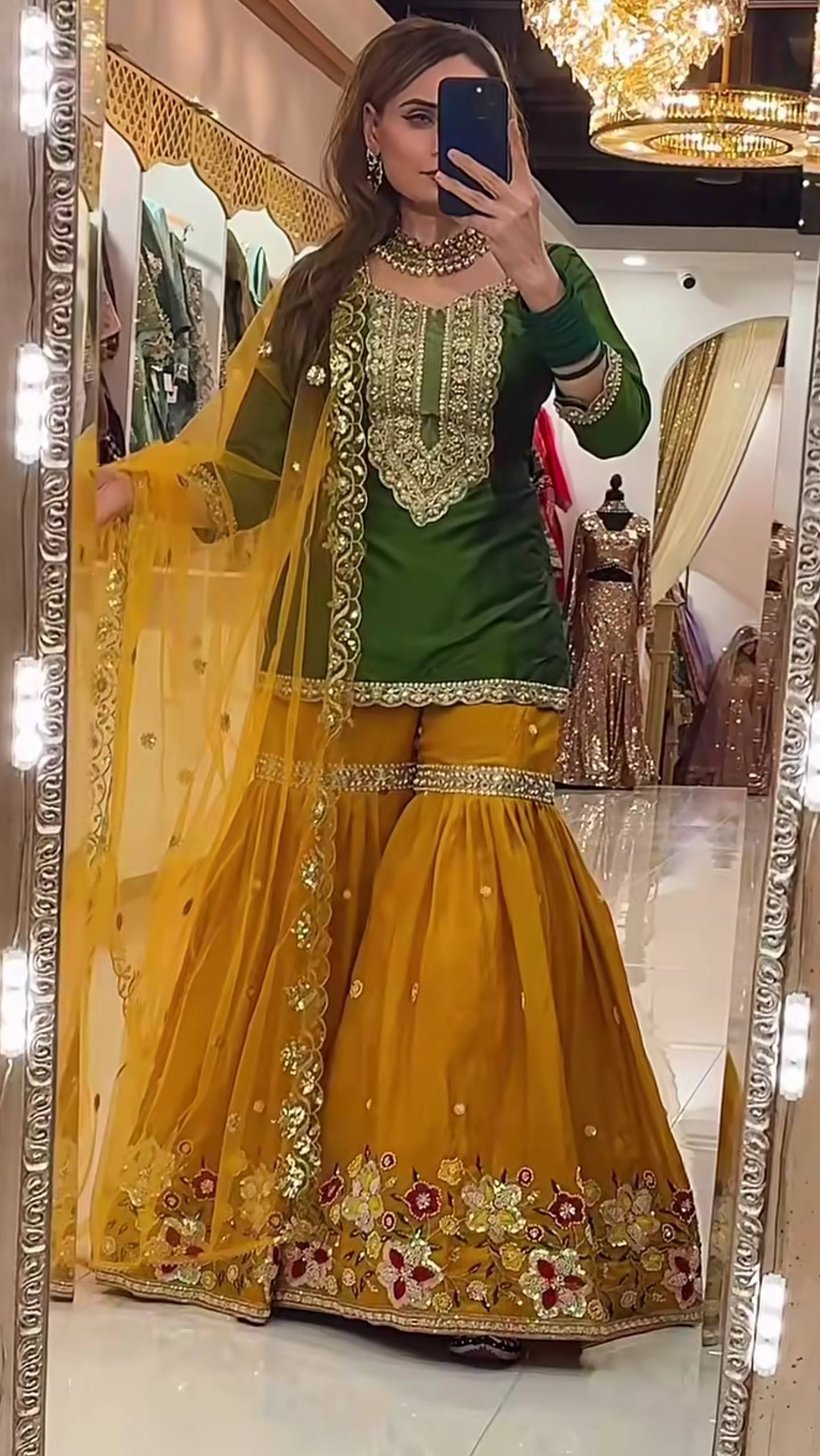 Royal Mehendi Special Green & Mustard Sharara Set