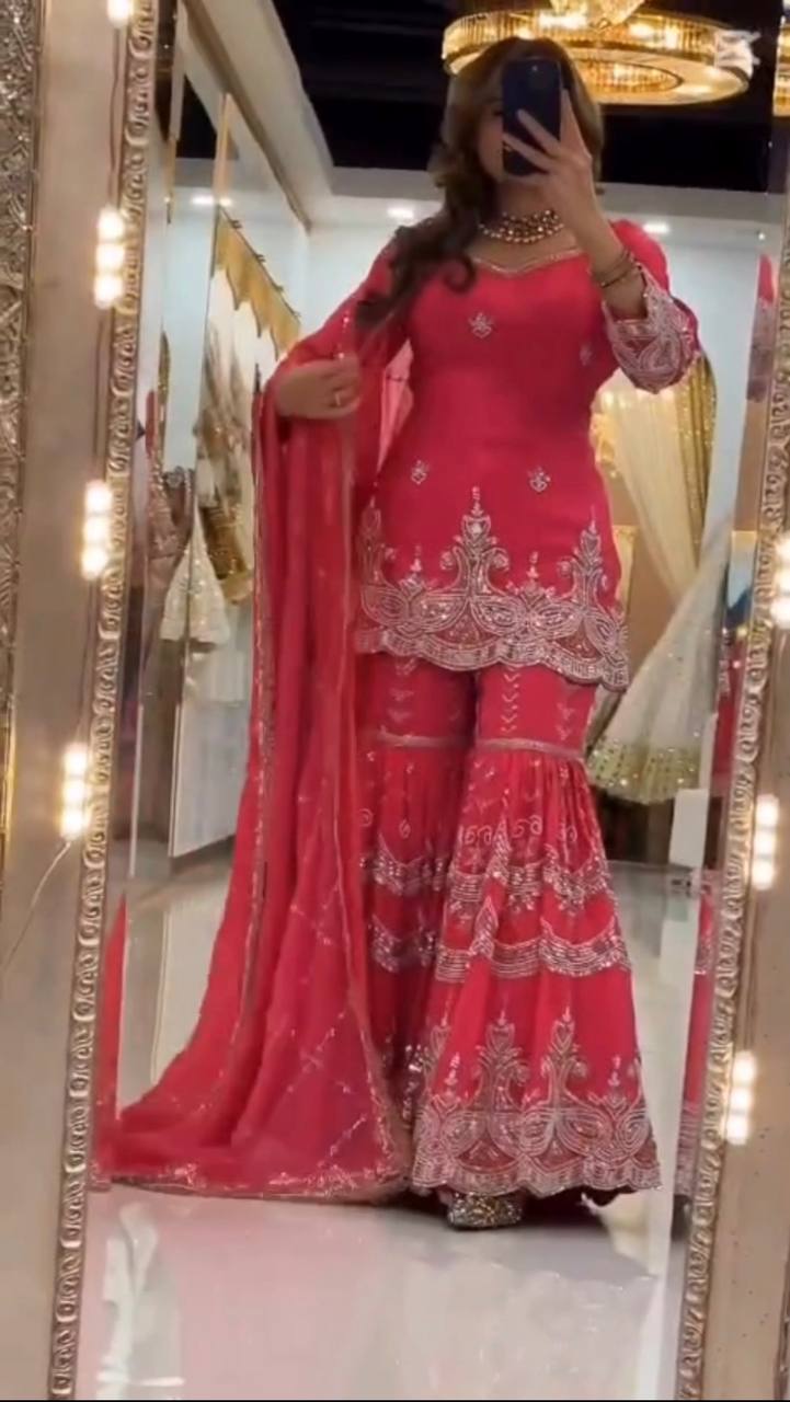 Designer Heavy Embroidery Partywear Sharara Set