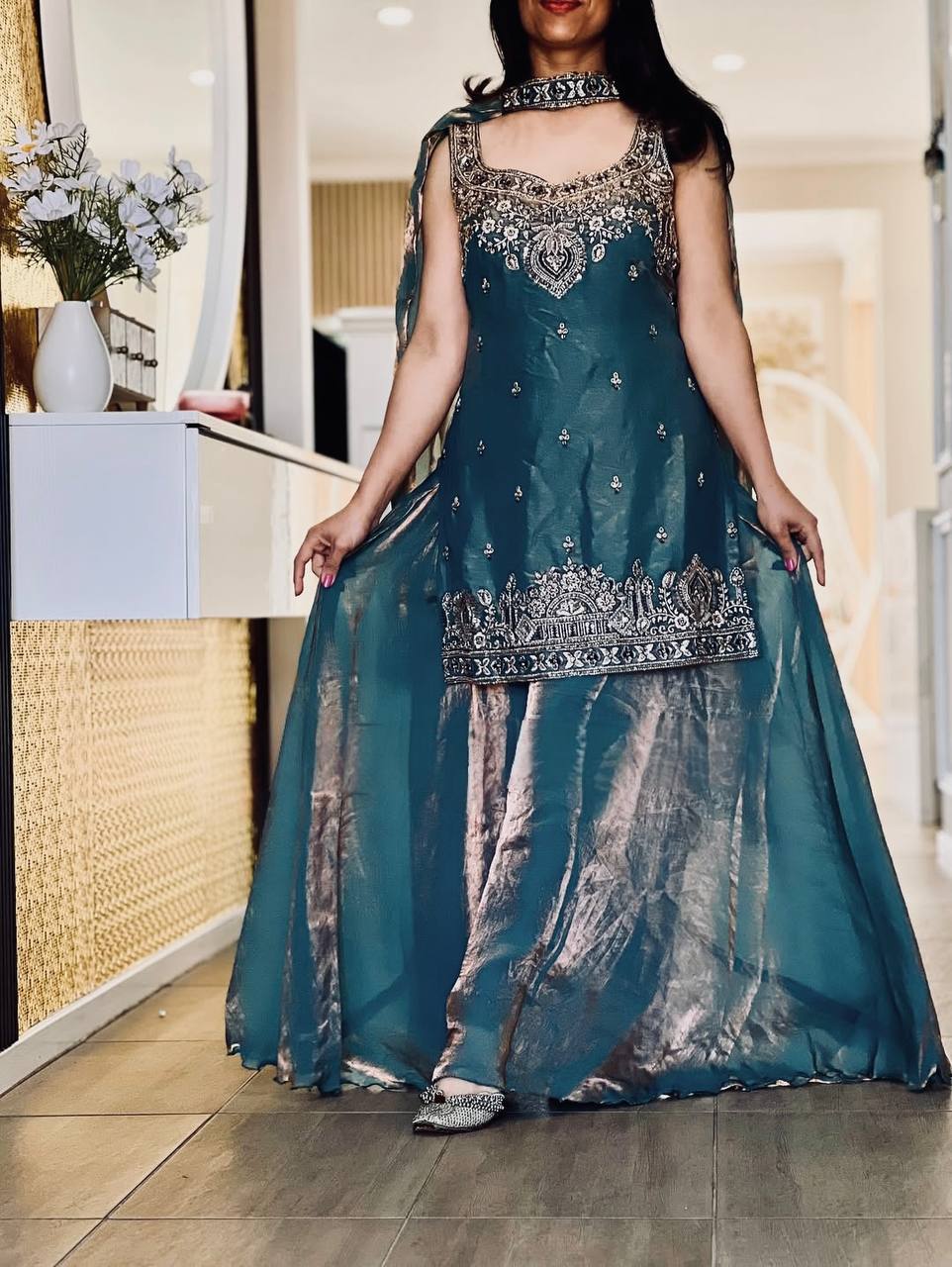 Luxury Embellished Sharara Set in Purple Gold