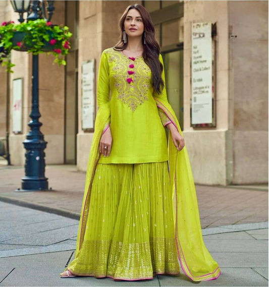 Trending Lime Green Kurta Sharara Set with Elegant Dupatta