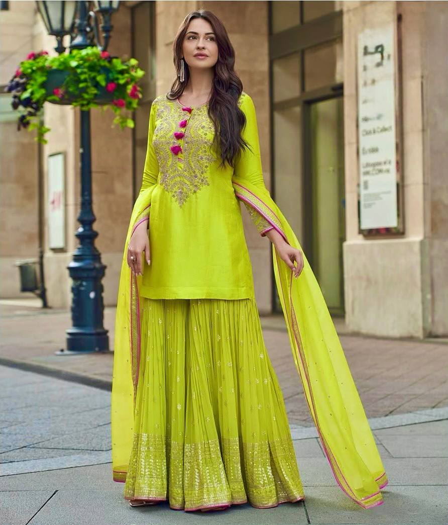 Trending Lime Green Kurta Sharara Set with Elegant Dupatta