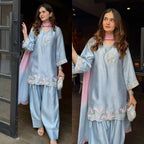 Graceful Pastel Blue Kurta Set with Pink Accents