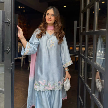 Graceful Pastel Blue Kurta Set with Pink Accents