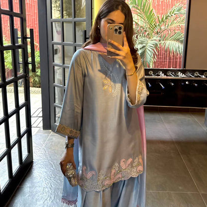 Graceful Pastel Blue Kurta Set with Pink Accents