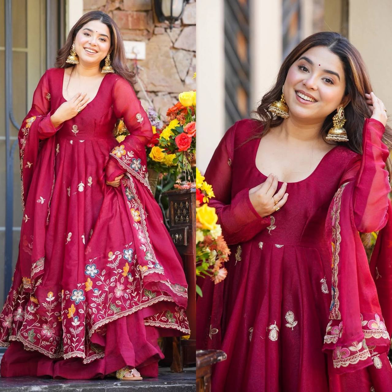 Elegant Maroon Anarkali with Organza Dupatta