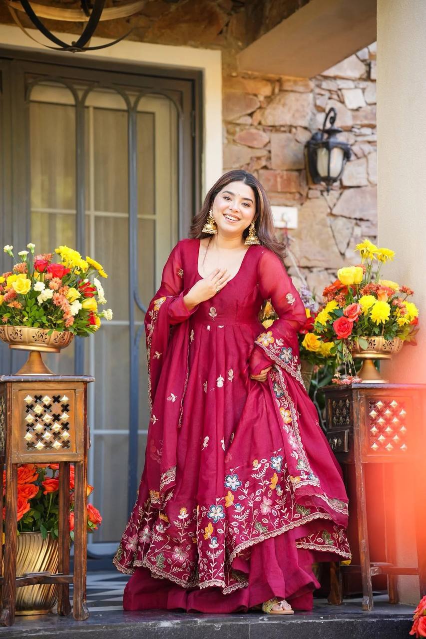 Elegant Maroon Anarkali with Organza Dupatta