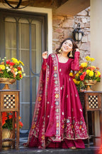 Elegant Maroon Anarkali with Organza Dupatta