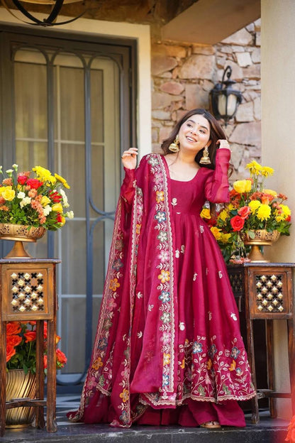 Elegant Maroon Anarkali with Organza Dupatta