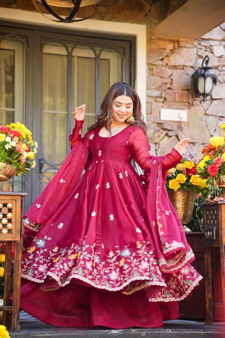Elegant Maroon Anarkali with Organza Dupatta