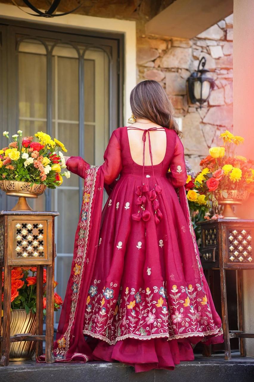 Elegant Maroon Anarkali with Organza Dupatta