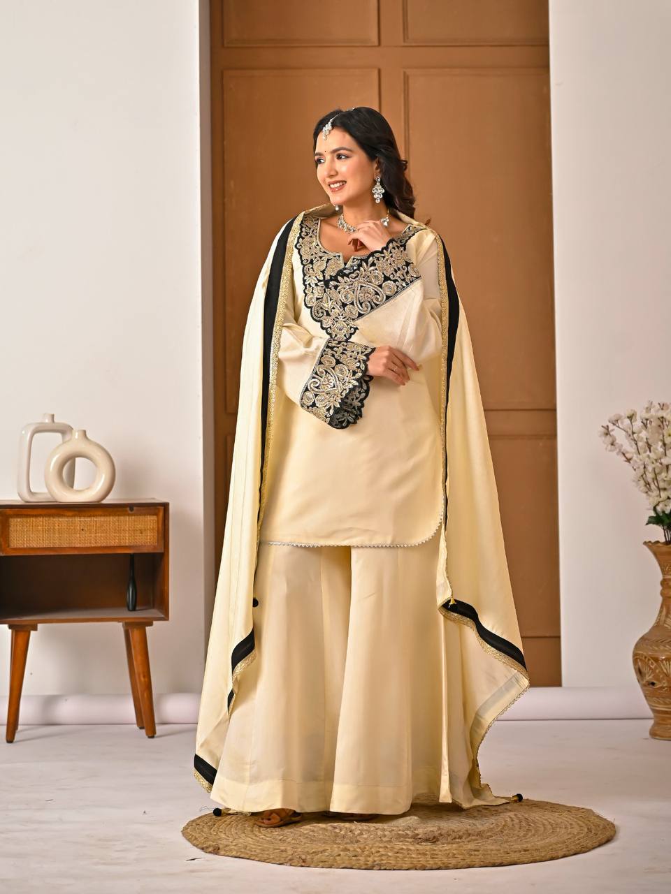 Regal Ivory Ethnic Set with Black & Gold Embroidery