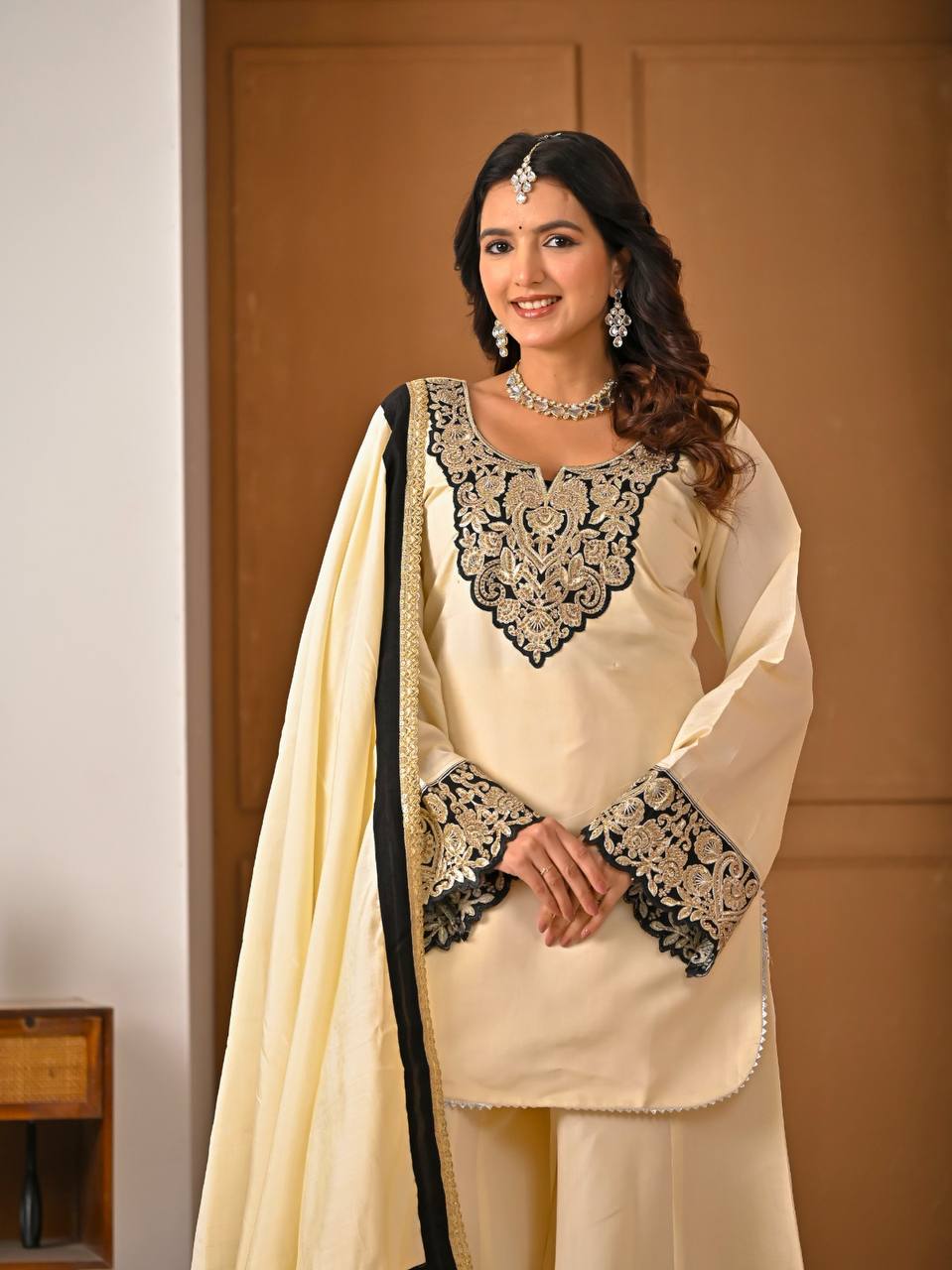 Regal Ivory Ethnic Set with Black & Gold Embroidery