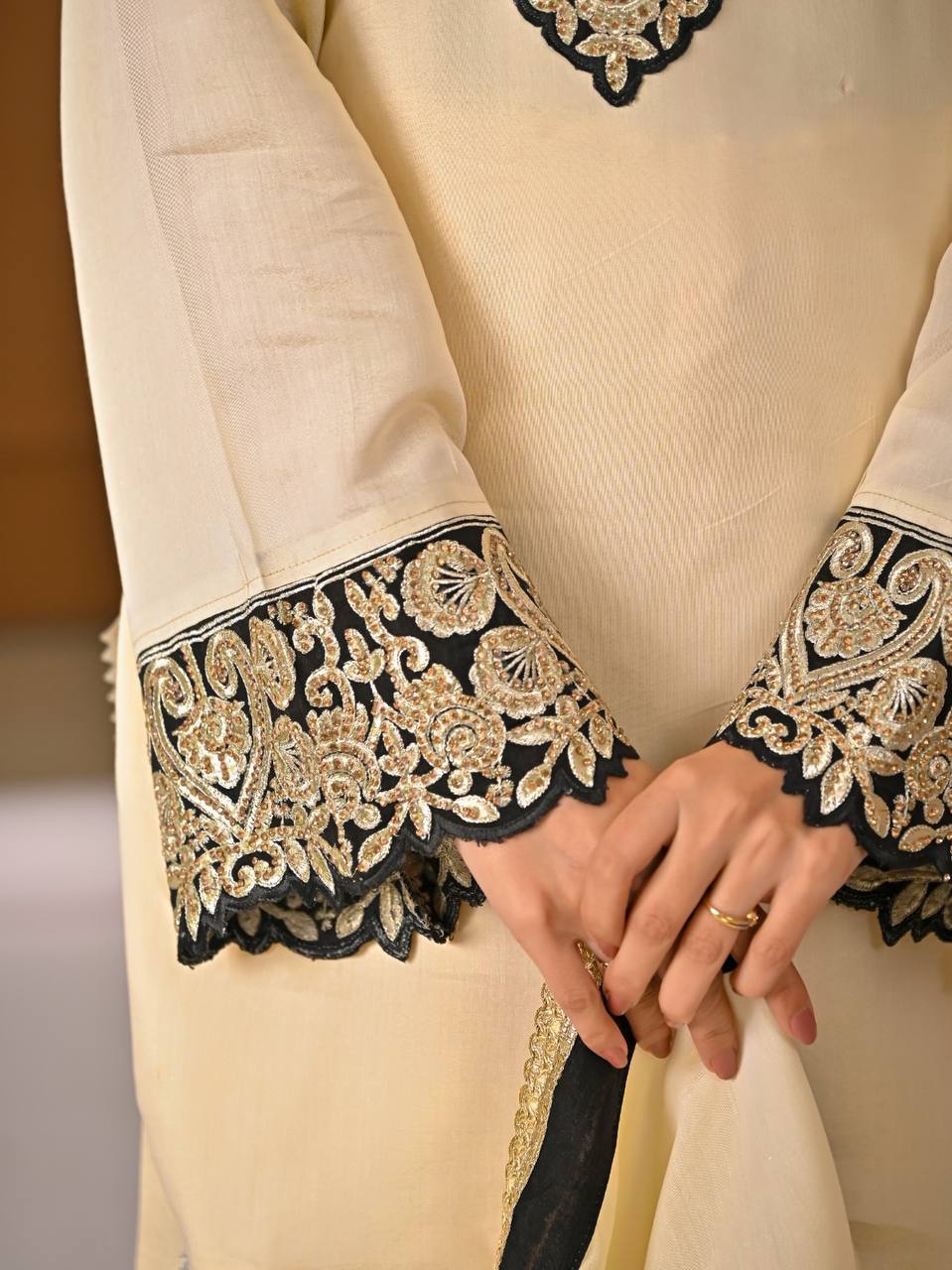 Regal Ivory Ethnic Set with Black & Gold Embroidery