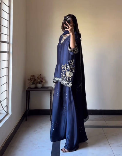 Elegant Midnight Blue Ethnic Kurta Palazzo Set