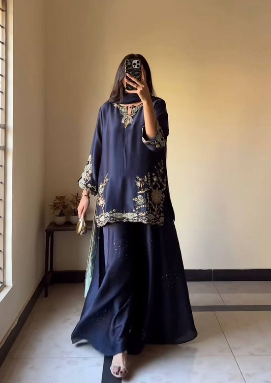Elegant Midnight Blue Ethnic Kurta Palazzo Set