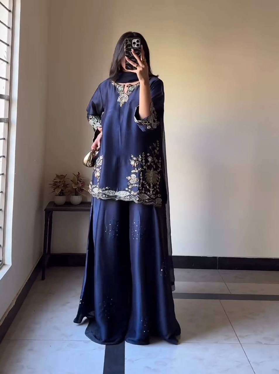 Elegant Midnight Blue Ethnic Kurta Palazzo Set