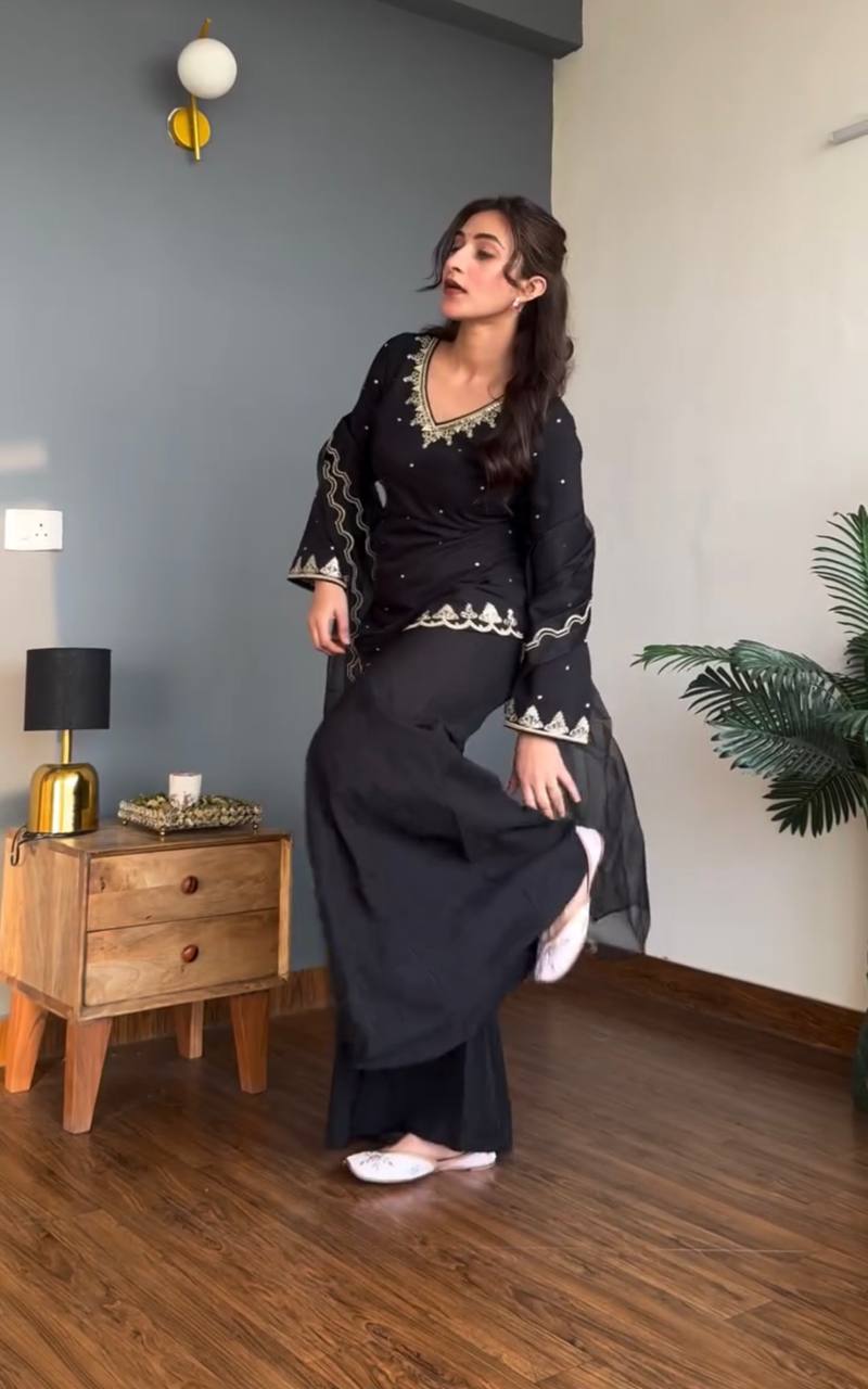Luxury Black Festive Kurti with Sharara Pants