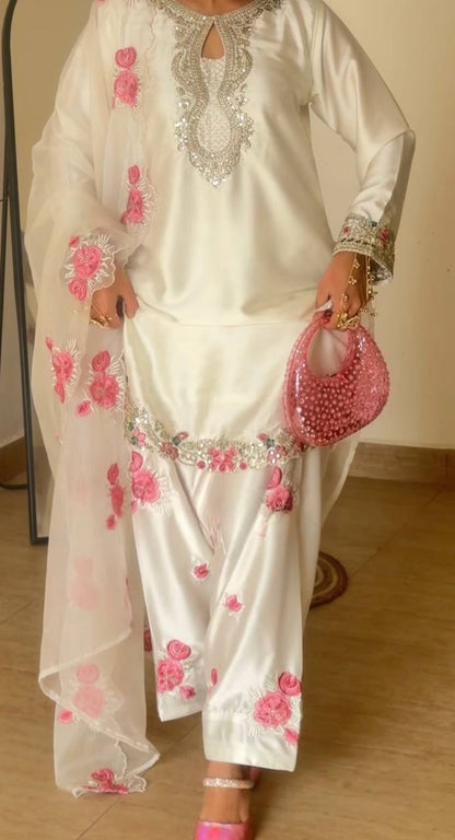 Luxury Ivory Ethnic Suit with Rose Embroidery.