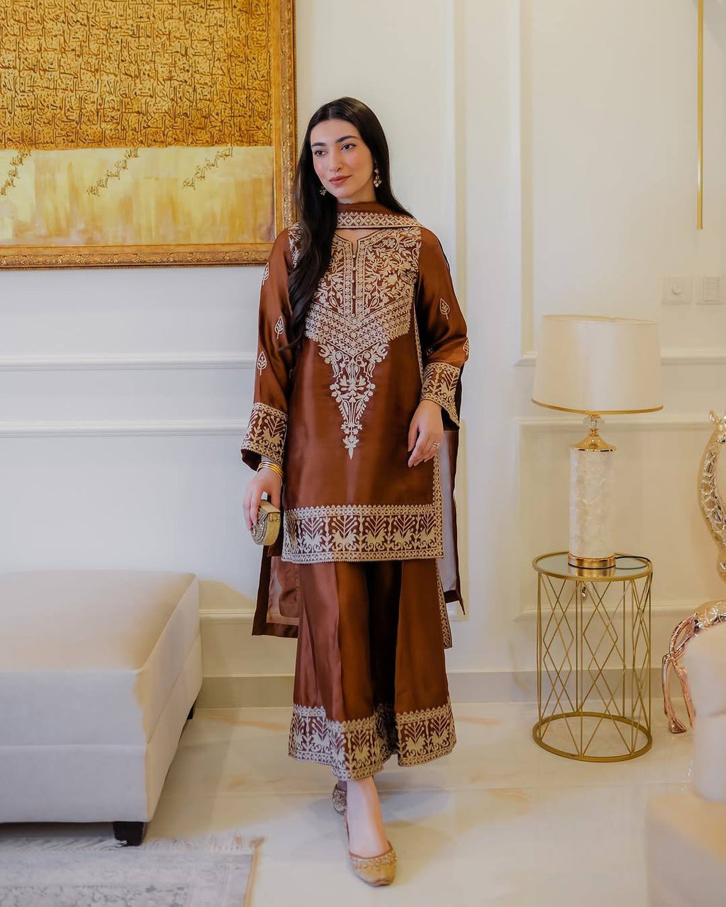 legance in Earth Tones: A Serene Moment on the Steps